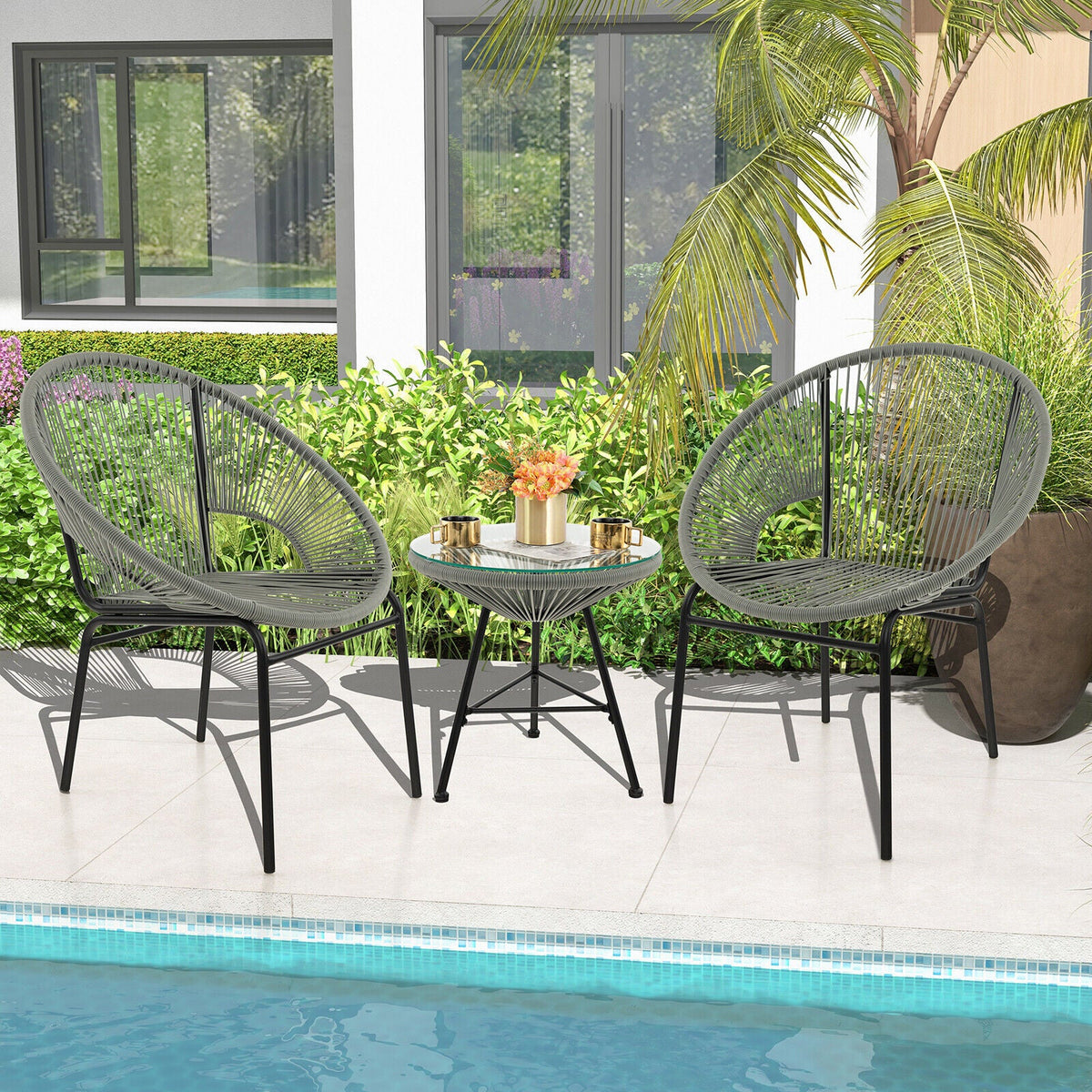 3PCS Patio Acapulco Furniture Bistro Set with GlassTable-Black