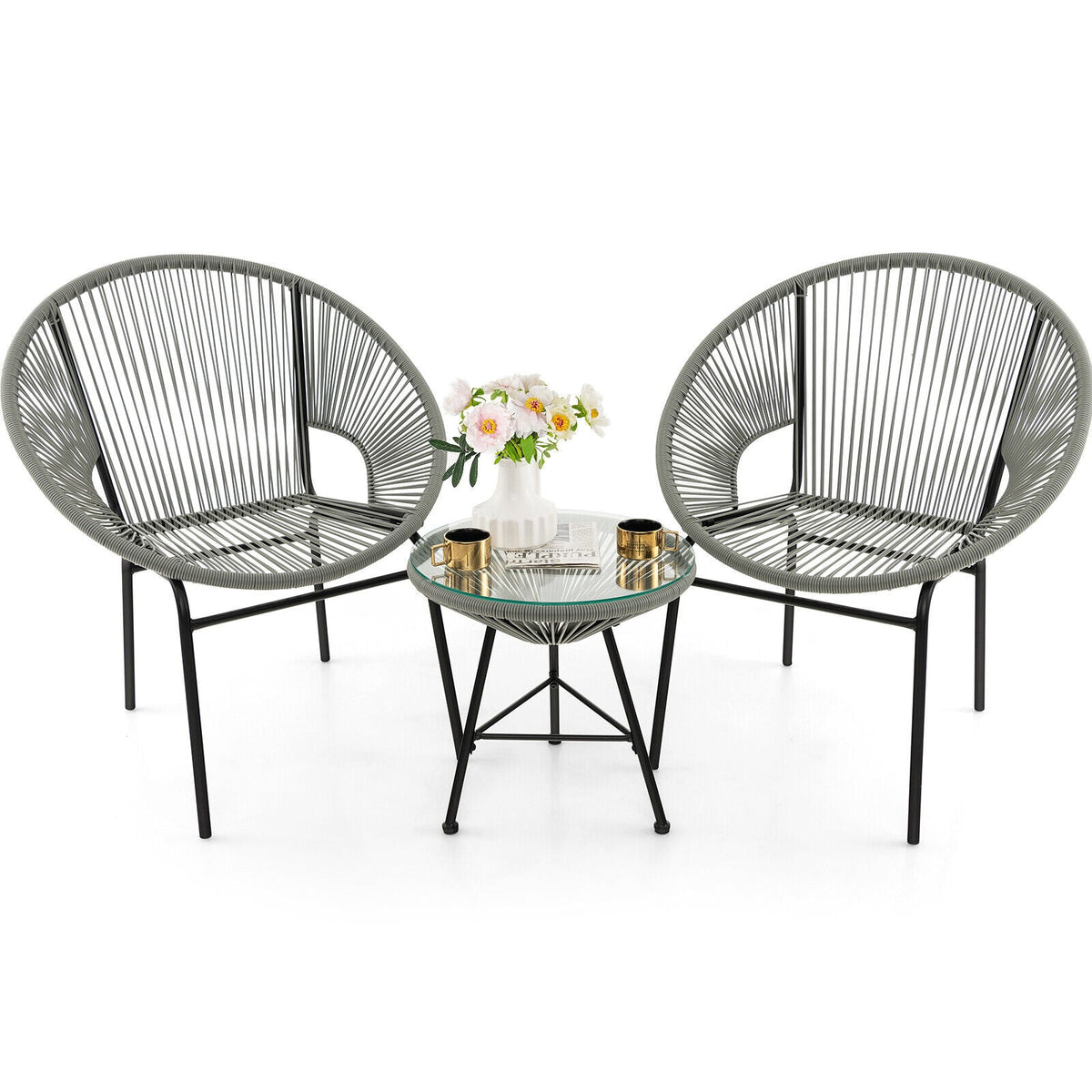 3PCS Patio Acapulco Furniture Bistro Set with GlassTable-Black