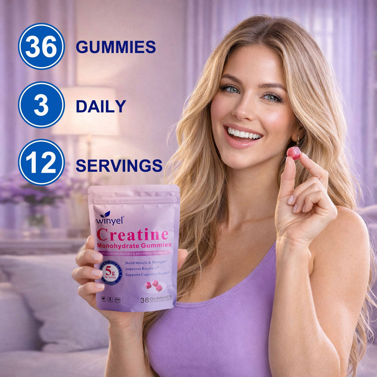 Creatine Monohydrate Gummies, 5 Grams Per Serving, Sugar-free Creatine Gummies, Suitable For Workouts, Strength, Cognitive Health, And Muscle Support, Gluten-free, Berry-enhanced, 36 Gummies.