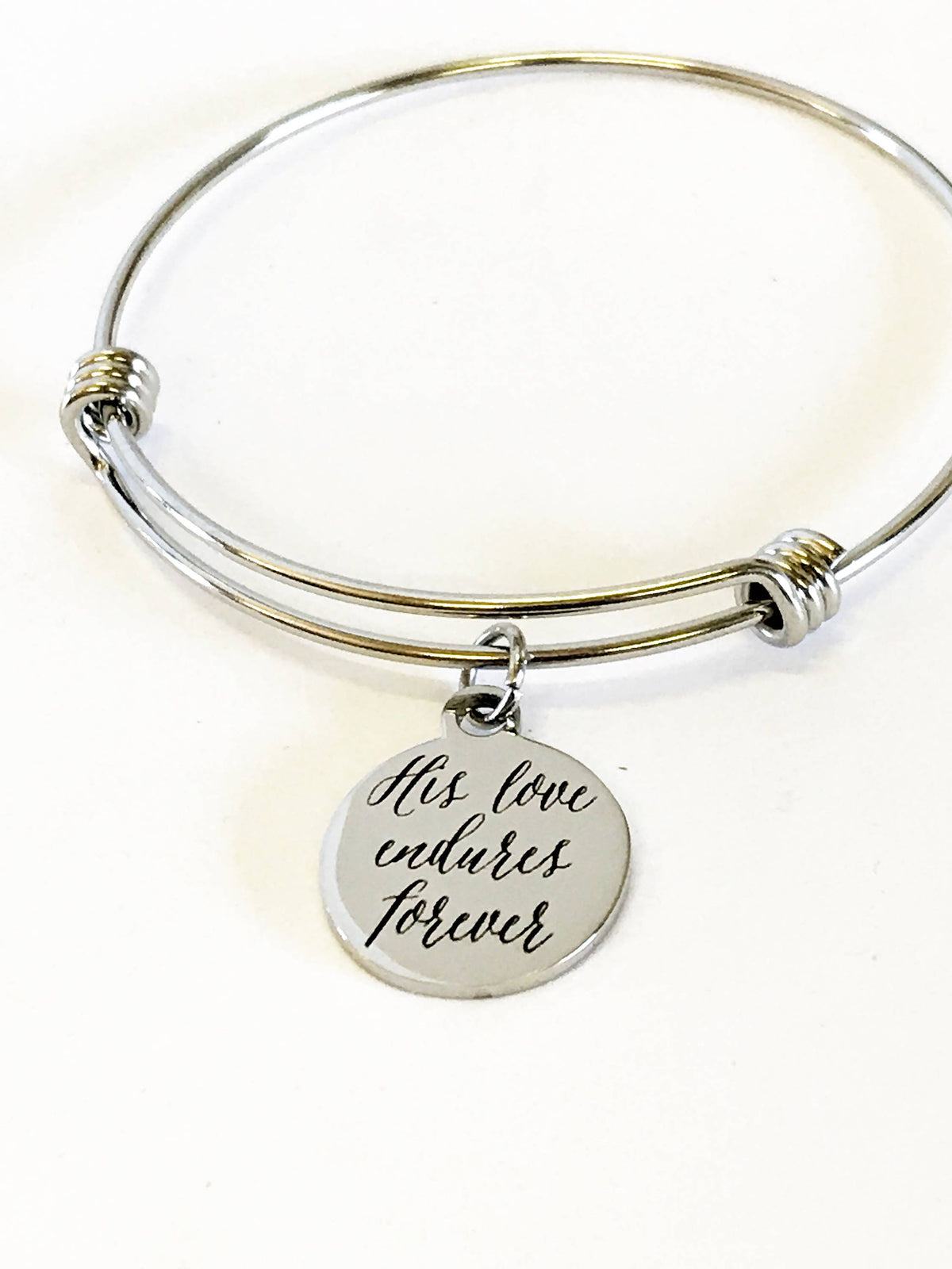 Religious Stacking Bracelet, His Love Endures Forever Religious Bangle Stacking Bracelet, Stacking Bangle, Psalms 136 Religious Bracelet